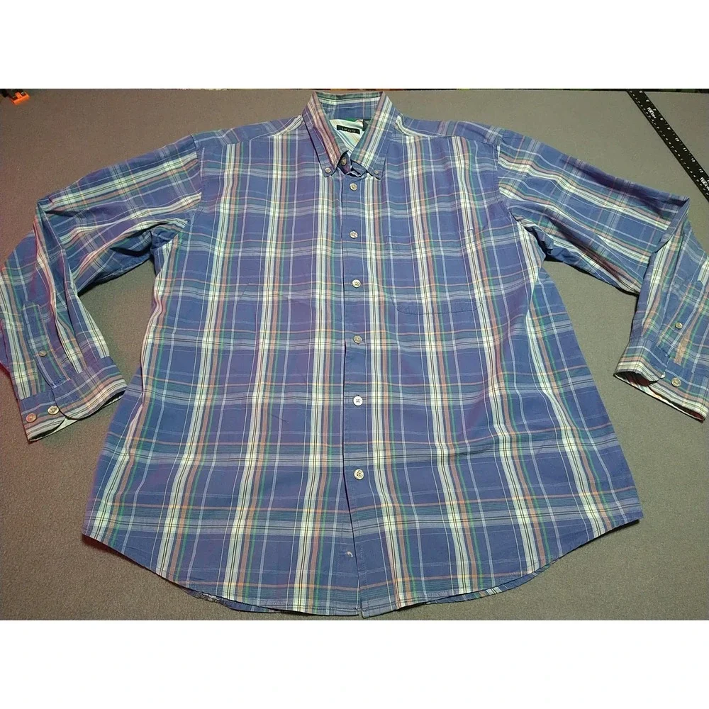 IZOD Button Down Shirt Men L Blue Plaid Office Nerd Smart Casual‎ Preppy College
